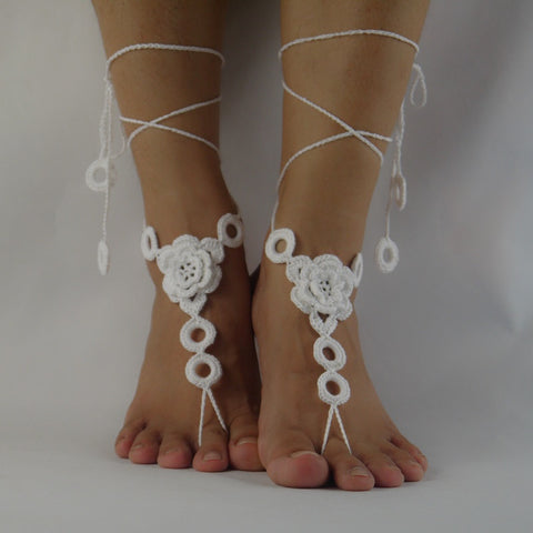 White Crochet Barefoot Sandals, Wedding Nude shoes, Foot Jewelry, Beach Wedding, Sexy Anklet Bellydance,Beach Footwear