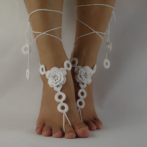 White Crochet Barefoot Sandals, Wedding Nude shoes, Foot Jewelry, Beach Wedding, Sexy Anklet Bellydance,Beach Footwear
