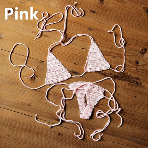 Sexy Halter Handmade Crochet Bikini Swimsuit Brazilian Biquinis Female Knitted Bra Top trikini Swimwear Set Beach Bathing Suit