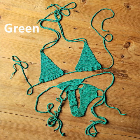 Sexy Halter Handmade Crochet Bikini Swimsuit Brazilian Biquinis Female Knitted Bra Top trikini Swimwear Set Beach Bathing Suit