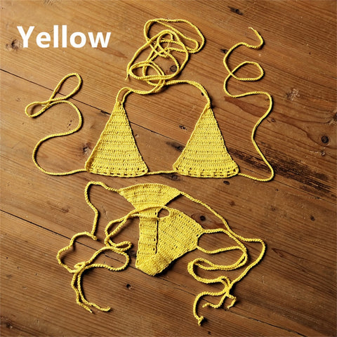 Sexy Halter Handmade Crochet Bikini Swimsuit Brazilian Biquinis Female Knitted Bra Top trikini Swimwear Set Beach Bathing Suit