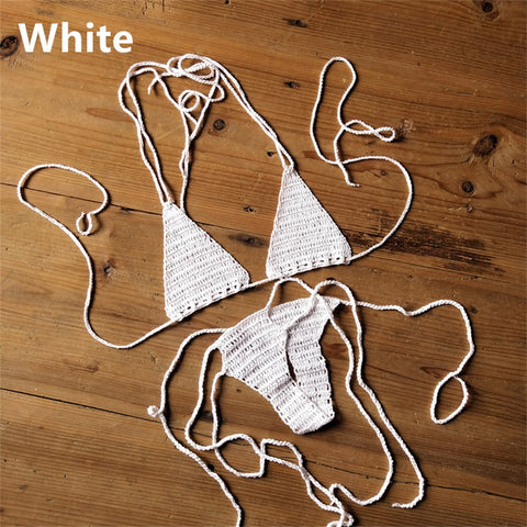 Sexy Halter Handmade Crochet Bikini Swimsuit Brazilian Biquinis Female Knitted Bra Top trikini Swimwear Set Beach Bathing Suit