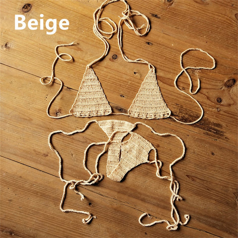 Sexy Halter Handmade Crochet Bikini Swimsuit Brazilian Biquinis Female Knitted Bra Top trikini Swimwear Set Beach Bathing Suit