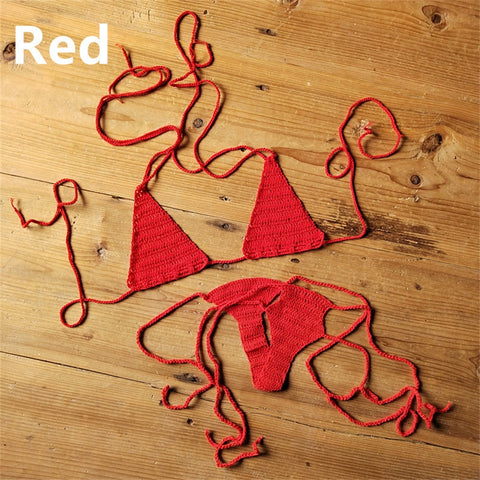 Sexy Halter Handmade Crochet Bikini Swimsuit Brazilian Biquinis Female Knitted Bra Top trikini Swimwear Set Beach Bathing Suit