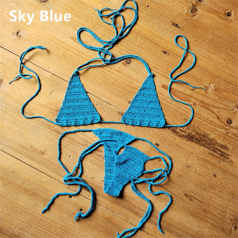 Sexy Halter Handmade Crochet Bikini Swimsuit Brazilian Biquinis Female Knitted Bra Top trikini Swimwear Set Beach Bathing Suit