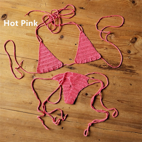 Sexy Halter Handmade Crochet Bikini Swimsuit Brazilian Biquinis Female Knitted Bra Top trikini Swimwear Set Beach Bathing Suit