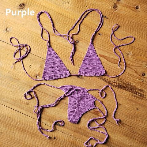Sexy Halter Handmade Crochet Bikini Swimsuit Brazilian Biquinis Female Knitted Bra Top trikini Swimwear Set Beach Bathing Suit