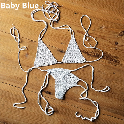 Sexy Halter Handmade Crochet Bikini Swimsuit Brazilian Biquinis Female Knitted Bra Top trikini Swimwear Set Beach Bathing Suit