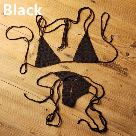 Sexy Halter Handmade Crochet Bikini Swimsuit Brazilian Biquinis Female Knitted Bra Top trikini Swimwear Set Beach Bathing Suit